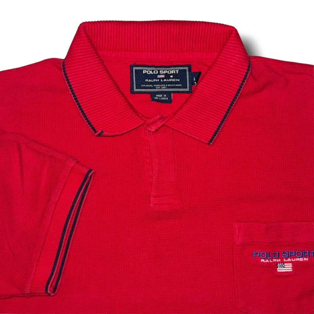 Vintage Polo Sport Ralph Lauren Red Waffle Knit Polo Shirt Mens Large L Pocket